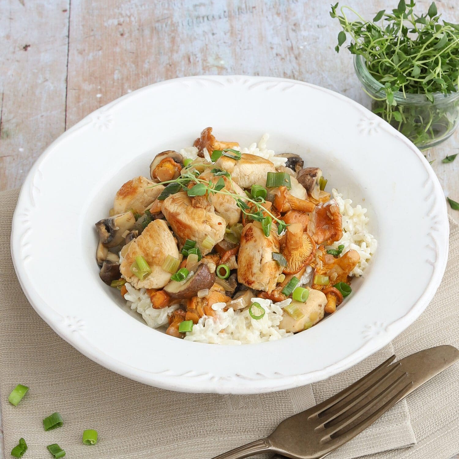 Hähnchenfiletwürfel mit Pilz-Reis