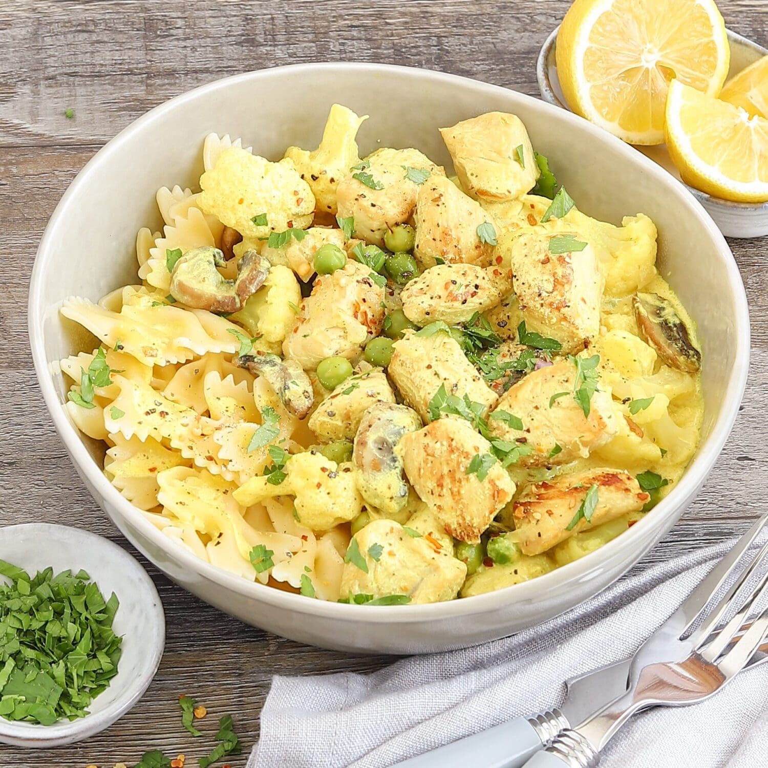 Curry-Pasta mit Putenfiletwürfeln