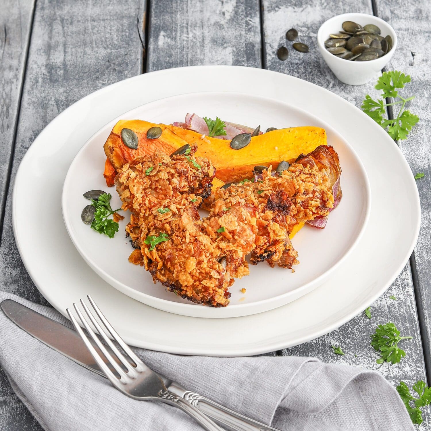 Hähnchenflügel in Cornflakes-Panade mit Butternut Kürbis - We love Geflügel