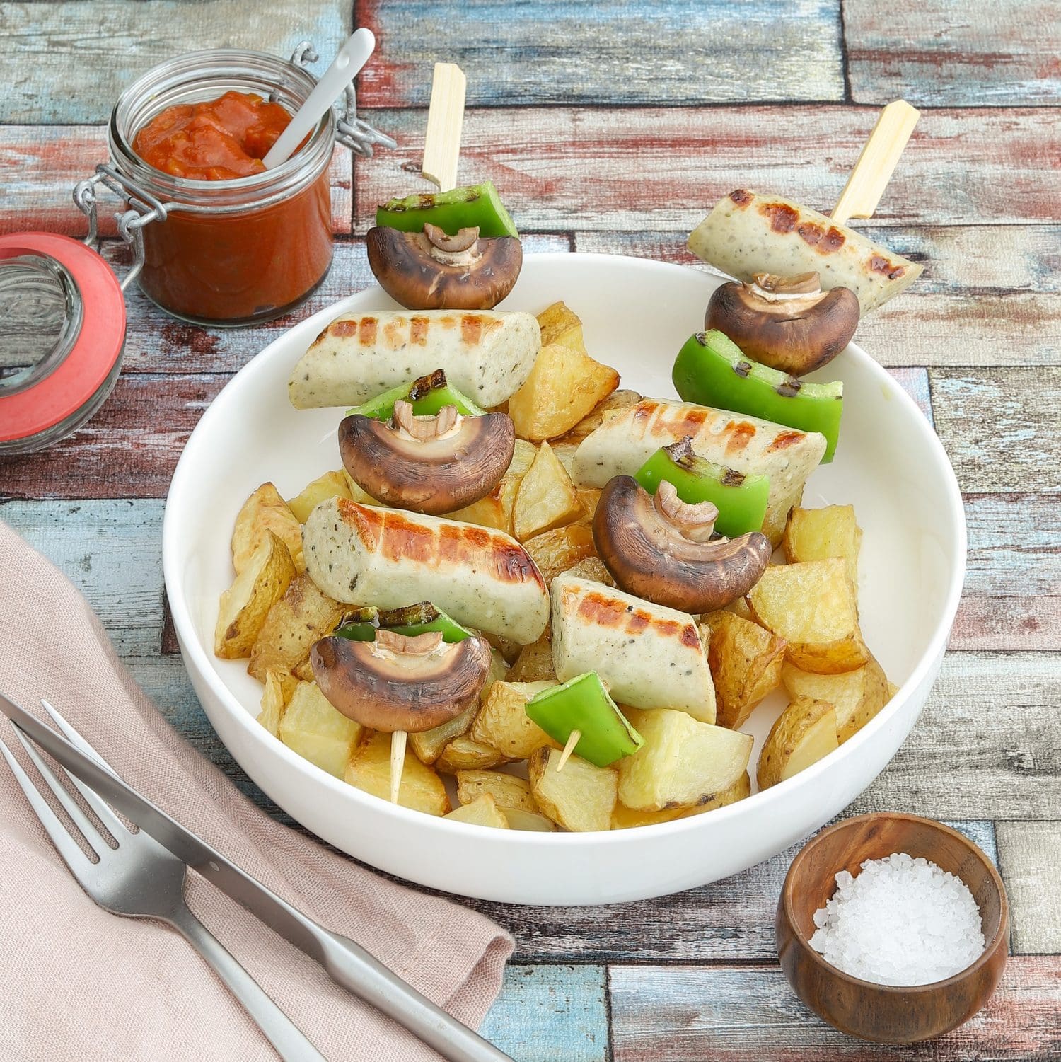 Geflügelbratwurstspieße mit Currysauce