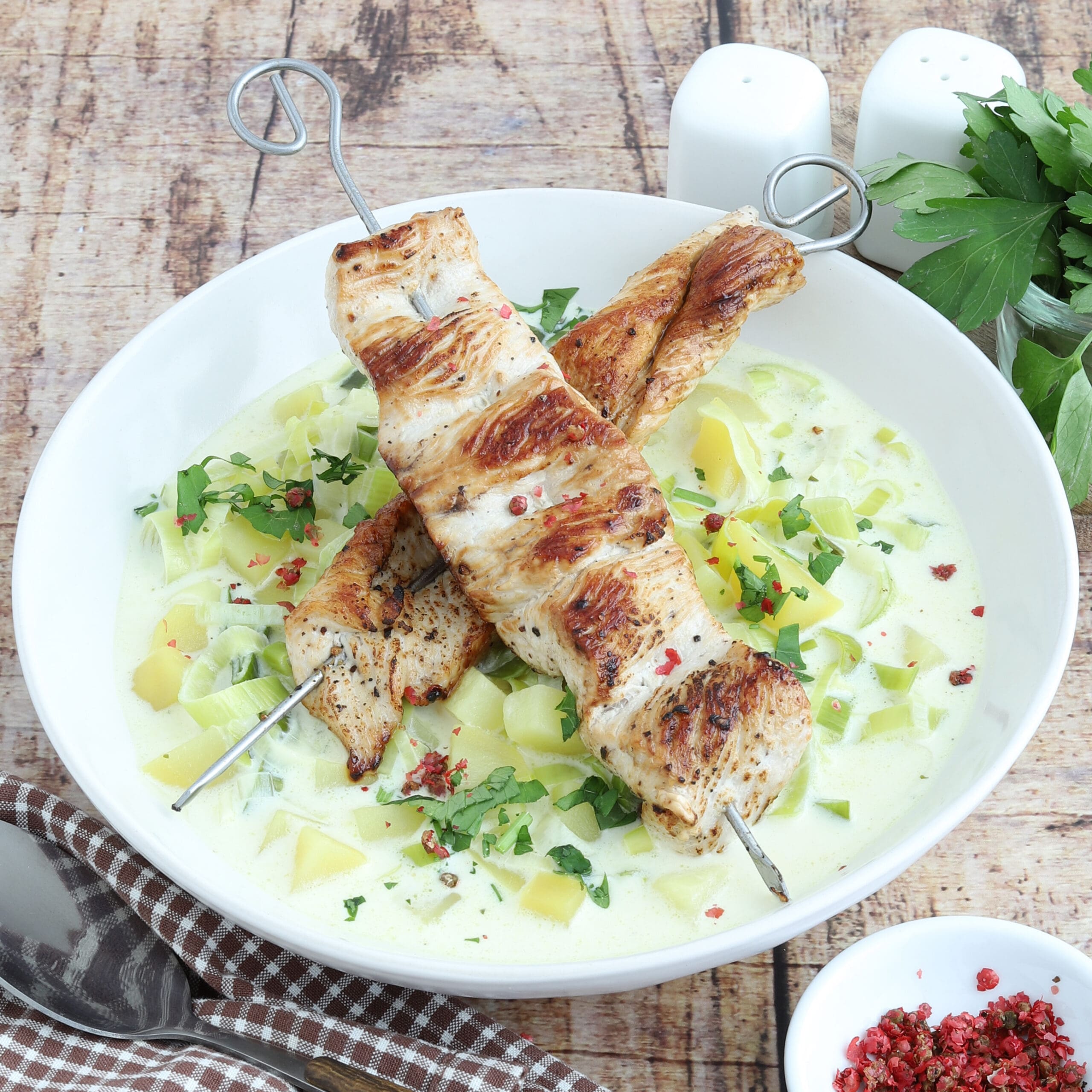 Kartoffel-Lauchcremesuppe mit Putenspießen